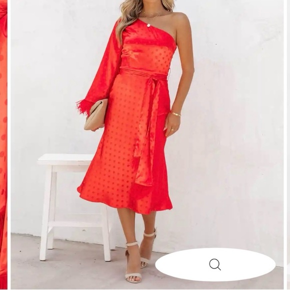 Vici Margaux Satin Feather Trim Midi Dress XS One Shoulder Holiday Christmas Red - Picture 3 of 16